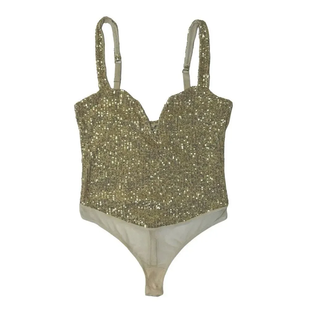 INTIMATELY FREE PEOPLE Sparks Fly Iridescent Gold Shimmery Sequin Bodysuit Sz M - Picture 3 of 12